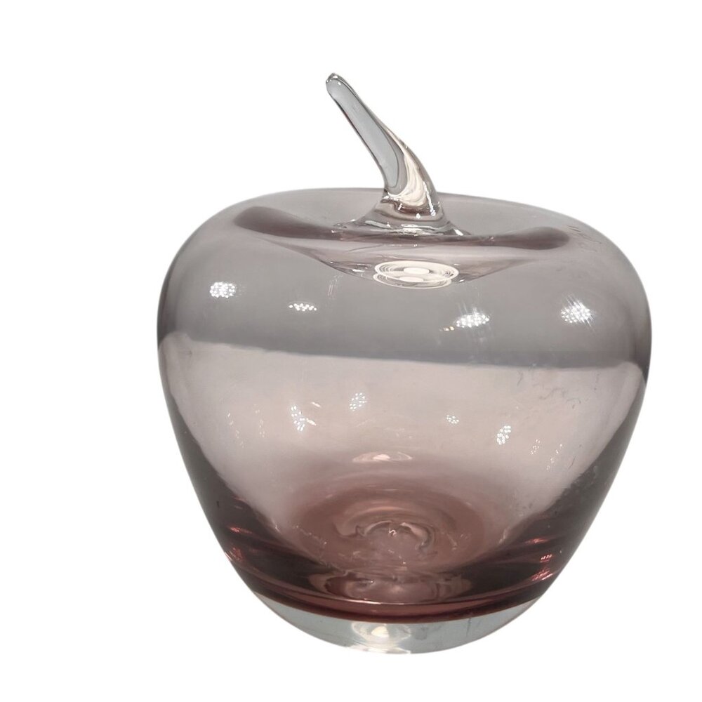 Blenko Pink Handblown Glass Apple Paperweight Gradient Art Applied Stem Fruit